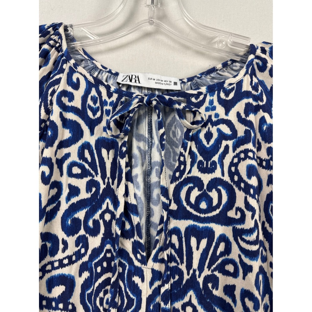 Zara Mini Dress Womens Medium Blue White Ikat Damask Ruffle Balloon Sleeve Boho - Picture 9 of 11